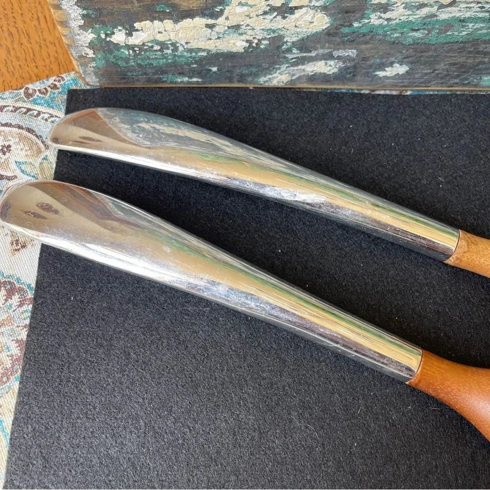 Teak or Acacia stainless serving utensils Salad mid century modernist vtg 70s